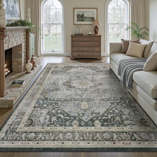 Grey Washable 8x10 Area Rugs for Living Room Rug Bedroom Rug Carpet Neutral Vintage Dining Room Rugs for Under Table Soft Comfortable Non Slip Grey 8'