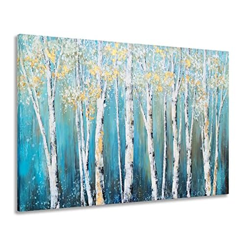 Yihui Arts Birch Tree Canvas Wall Art Hand Painted Teal and White Color Painting with Gold Foil Modern Forest Pictures for Living Room Bedroom Office