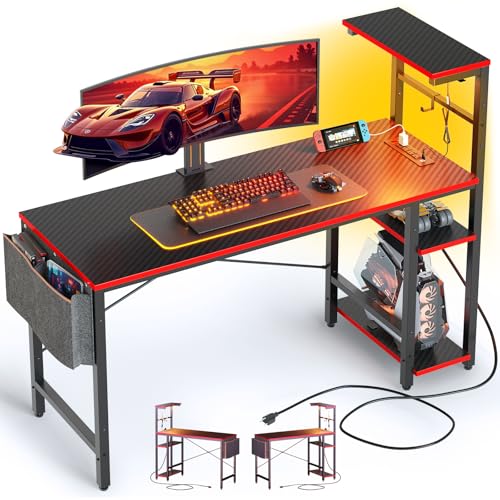 Bestier Gaming Desk with Power Outlets, 44 Inch Led Gamer Desk with 4 Tiers Reversible Shelves, PC Gaming Table with Headset Hook & Side Storage Bag f