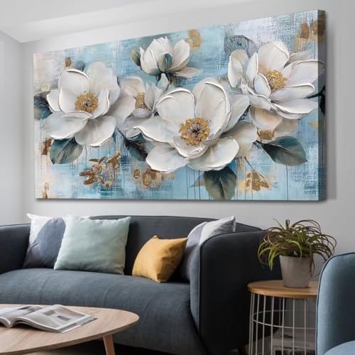 Ardemy Flower Wall Art, White Gold Large Canvas Wall Art Floral Wall Decor Living Room Painting Picture Textured Bedroom Dining Kitchen Home Office 58