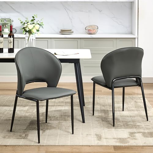 Dining Chairs Set of 2 Mid Century Modern Upholstered Chair with Metal Legs Faux Leather Mid-Back Accent Chair for Kitchen and Dining Room (Grey,2 Pac