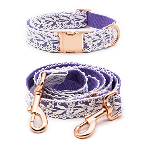 Dog Collar and Leash Set, Cotton Lace Handmade 4-5 FT Adjustable Comfortable Unique Collars and Leashes for Small Medium Large Dogs_S_Purple S Purple-