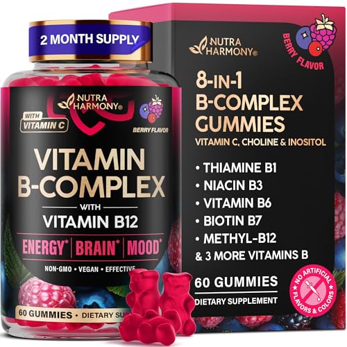 Vitamin B-Complex Gummies for Women & Men - Vitamin B12, B1, B2, B3, B5, B6, B7 & B9 - B Complex with Vitamin C & Choline - Energy, Brain & Mood - Nat