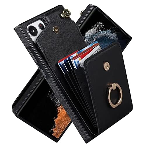 Phone Case for Samsung Galaxy S22 Plus High-end Stylish Leather Accordion Card Holder,Wallet Phone Case, Anti-Drop Lanyard, Multi-Functional Ring Stan