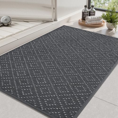 AMOAMI Chenille Bath Mat, Super Absorbent Bathroom Mats Quick Dry Rubber Backed Bath Rug Non Slip, Machine Washable Thin Bathroom Rugs for Floor, Bath