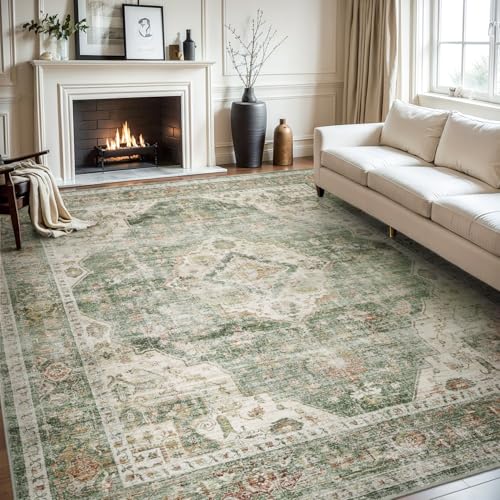 AMOAMI-Area Rug 5X7 Rugs for Living Room-Vintage Soft Green Rugs for Bedroom-Non Slip Carpet-Machine Washable Rug for Dining Room Living Room Bedroom