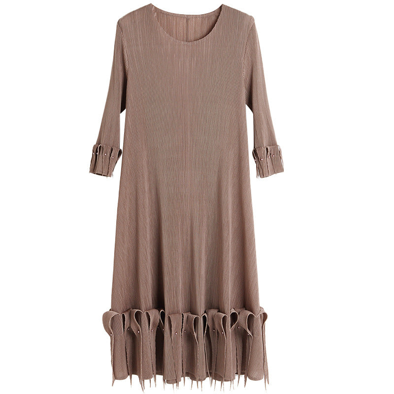 (172) Women&#039;s Miyake beaded tassel dress, loose pleated, wide swing, A-line long skirt, drapey small dress