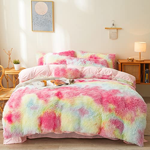 Fluffy Rainbow comforters Cover Twin Size - Ultra Soft Plush Bedding Sets 2 Pieces (1 Faux Fur Comforter Cover + 1 Fuzzy Pillow case) Girls Shaggy Twi