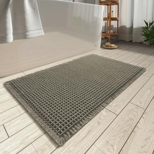 AMOAMI Upgraded Waffle Bath Mat, Super Absorbent Non Slip Bath Mats for Bathroom Floor, Machine Washable Bathroom Rugs with Tassels, Rubber Backed Bat