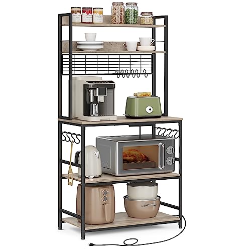VASAGLE Hutch Bakers Rack with Power Outlet, 14 Hooks Microwave Stand, Adjustable Coffee Bar with Metal Wire Panel, Kitchen Storage Shelf, 15.7 x 31.5