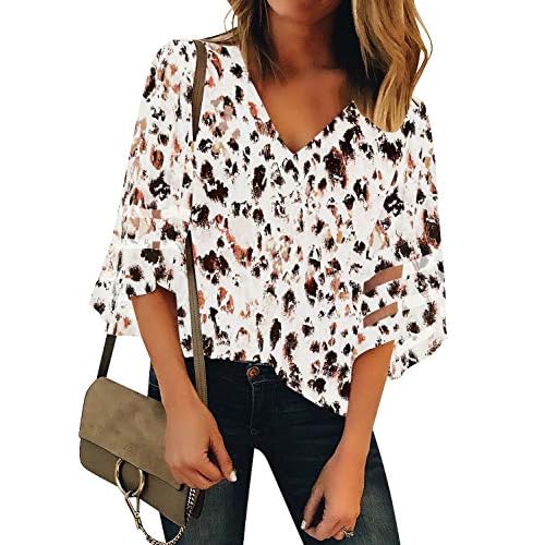 luvamia Women's Casual V Neck Blouse 3-4 Bell Sleeve Mesh Panel Shirts Loose Top Medium C Abstract Print