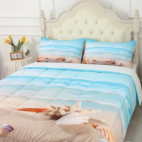 Blue Coastal Comforter Set Full, Beach Nature Theme Bedding for Boys Girls Women Bedroom, Ocean Starfish Qulit Sets, 1 Comforter, 2 Pillowcases Blue B