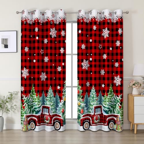 Fall Curtains 96 Inches Long, Red Plaid Truck Living Room Blackout Curtains Room Darkening, Light Blocking Xmas Snowflake Thermal Insulated Drapes Gro