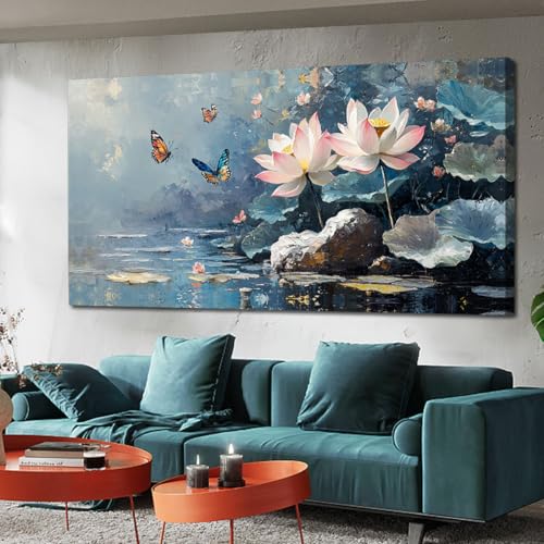 Ardemy Lotus Large Wall Art for Living Room Butterfly Canvas Art Wall Decor Textured Pictures Artwork Bedroom Kitchen Dining Home Office, 58"x29" 58"L