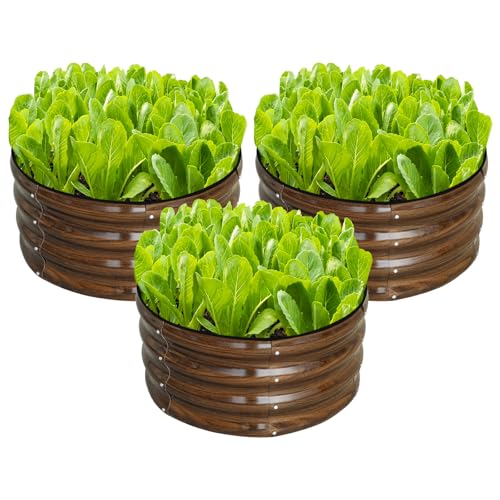 SnugNiture 3 Pcs 2x2x1ft Round Galvanized Raised Garden Bed Kit Outdoor, Metal Planter Box for Planting Plants Vegetables, Brown Brown 2x2x1ft (3PCS)