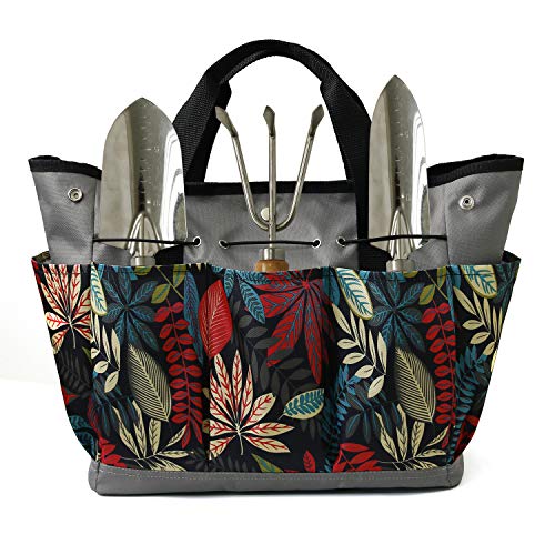 MYDAYS Canvas Garden Tool Tote Bag, Heavy-Duty Gardening Pouch, Vegetable Herb Garden Hand Tool Storage Tote, with 8 Pockets and Leather Handle, Flora