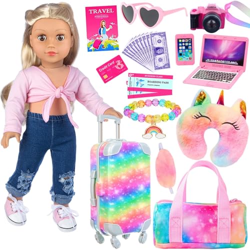 K.T. Fancy 23 PCS American 18 Inch Doll Accessories Suitcase Luggage Travel Set - Rainbow Suitcase Rainbow Bag Camera Computer Cell Phone Neck Pillow