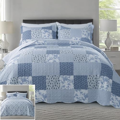 KASENTEX King Quilt Set - Reversible Patchwork Flower Quilt Bedding Set,3 Pieces Soft Microfiber Lightweight Bedspread,Exquisite Printed Coverlet with