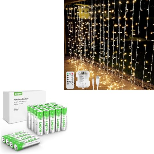 Lepro Bundle - AA Batteries 24 Pack & Battery or USB Powered Curtain Sting Lights