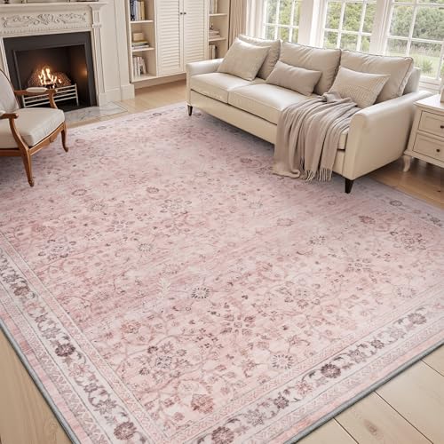 MontVoo-Vintage Area Rug 5X7 Pink Rugs for Living Room-Soft Distressed Printed Rugs for Bedroom-Non Slip Carpet-Machine Washable Rug for Dining Room L