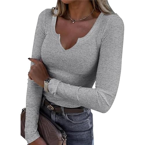 iGENJUN Women's V-Neck Ribbed Long Sleeve Shirts Fitted Basic Slim Knit Tops Spring Outfits 2024 Clothes Small Grey