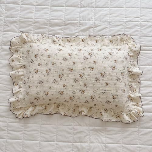 BuLuTu Cotton Muslin Pillow Case King Pillowcase Sweet Floral Design Pillowcases Enveloped Closure Vintage Ruffled Pillow Cover for Teens Adults, 20x3