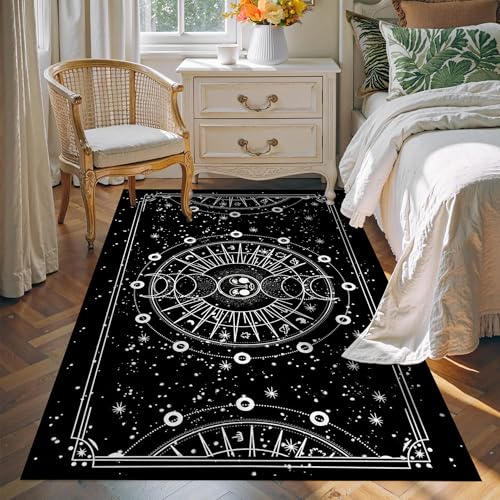 Sun and Moon Rug Boho Celestial Area Rugs for Bedroom Dorm Living Room Bohemian Occult Crescent Solar Stars Galaxy Floor Mat Pad Doormat,79" X 39",Bla