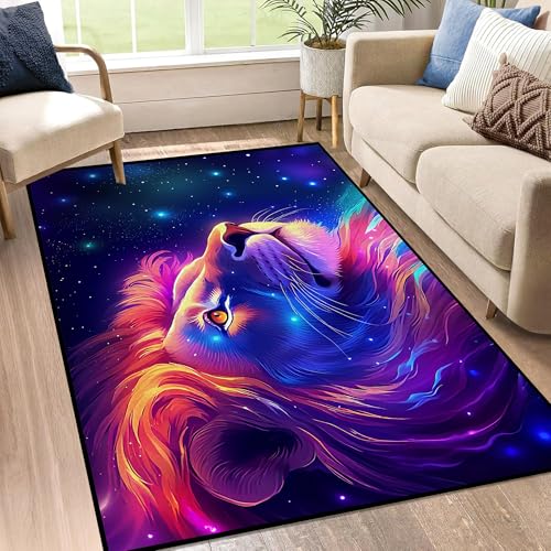 Galaxy Lion Rug 3D Fierce Lions Area Rugs for Kids Bedroom Living Room Playroom Gameroom Boys Glitter Carpet Throw Rugs Floor Mat 59 in x 39 in Galaxy