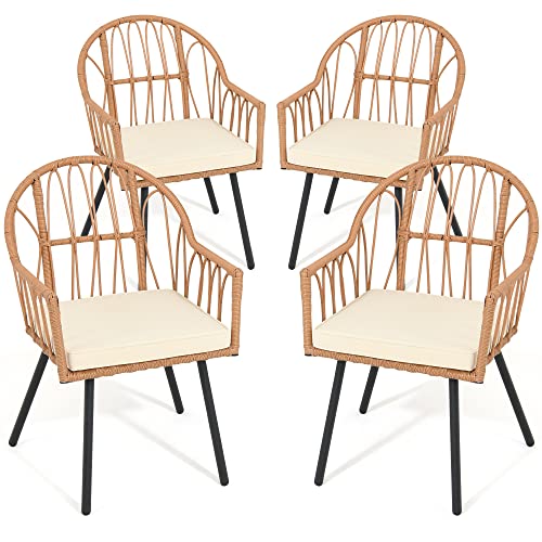 YITAHOME 4 Pieces Rattan Wicker Dinning Chairs, Outdoor Indoor Patio Furniture Set with Cushion and Curved Back All Weather Bistro Chair for Garden Ba