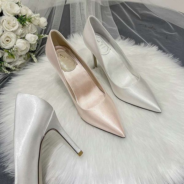 2024 Wedding White High Heels Women&#039;s Stiletto Satin Dress Single Shoes Champagne Bridesmaid Pumps Kq8