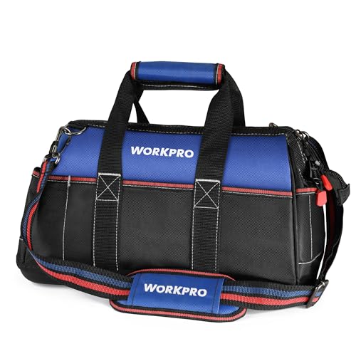WORKPRO 16-inch Wide Mouth Tool Bag, Heavy Duty Cloth Tool Storage Bag with Water Proof Molded Base, Adjustable Shoulder Strap Black&Navy Blue&Red