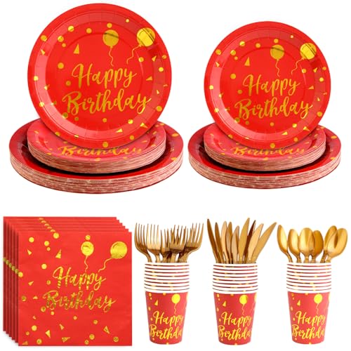175 Pieces Gold Disposable Party Dinnerware Set &Disposable Birthday Party Dinnerware -Red Paper Plates Napkins Cups, Gold Plastic Forks Knives Spoons