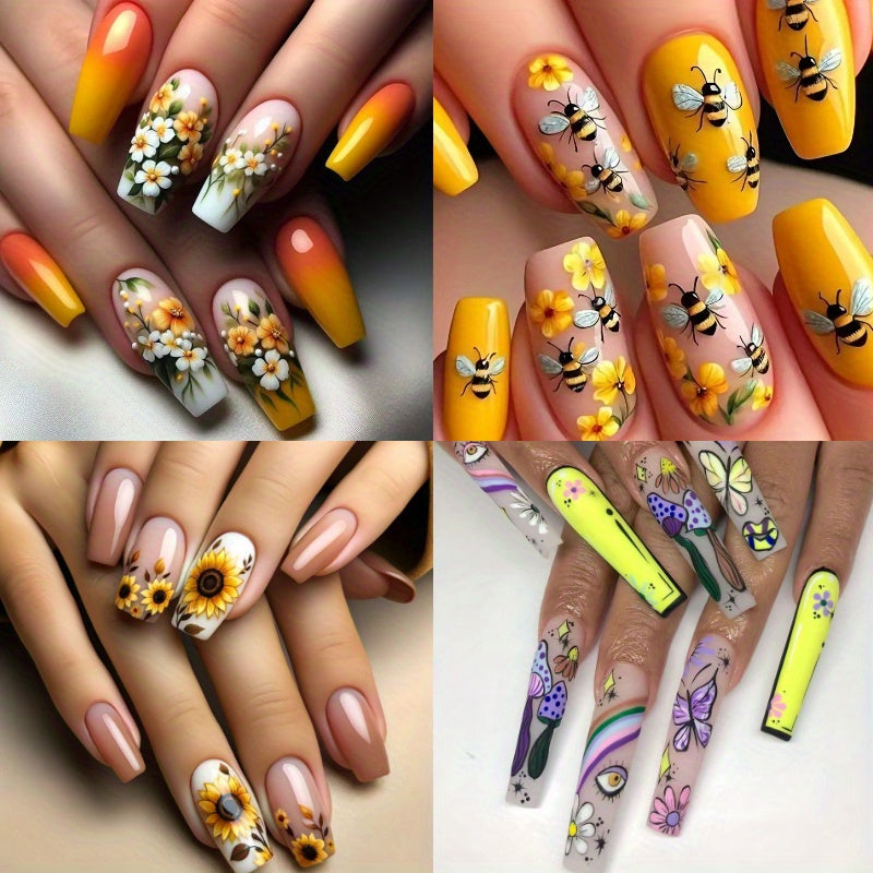 TEMU 96pcs (4 Pack) Ballet Coffin Press-on Nails, Medium Lengthglossy Finish, Fruit Pattern, Pre-designed Artificial Nail