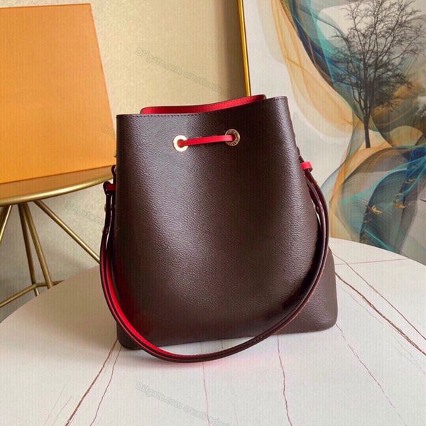 Mirror Quality Women Bucket Shoulder Bag Tote Bag Neonoe Leather Drawstring Zipper Compartment Adjustable Long Strap Floral Print Canvas 26c