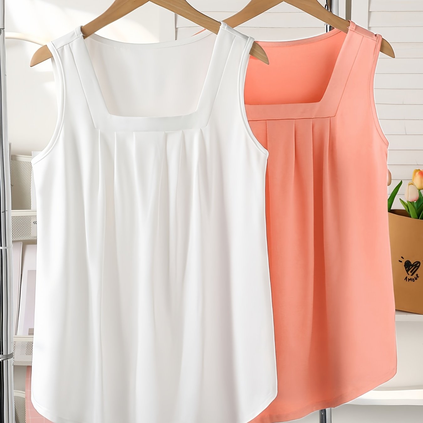 TEMU 2pcs Women' Neck Tank Tops - Lightweight Breathable Sleeveless Blouses With Ruffle Detail, Loose Fit Casual Tops For Spring Summer Fall, White &