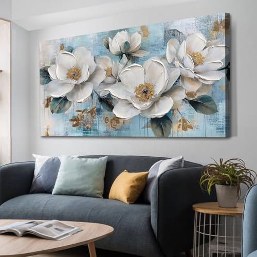 Ardemy Flower Wall Art，White Gold Large Canvas Wall Art Floral Wall Decor Living Room Painting Picture Textured Bedroom Dining Kitchen Home Office 4