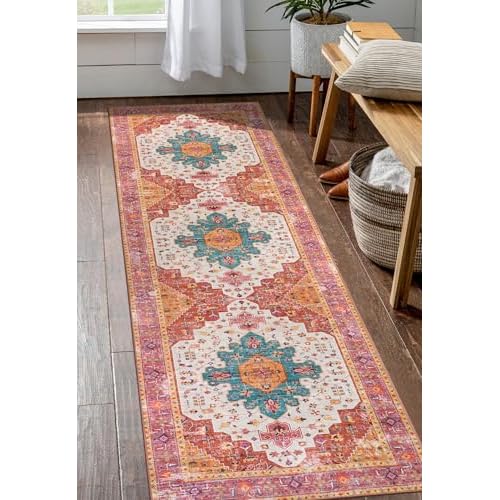 Moynesa Ultra-Thin Washable Runner Rug - 2'6"x8' Pink Runners for Hallways, Boho Non-Slip Bedroom Rug Runner, Vintage Oriental Medallion Kitchen Carpe
