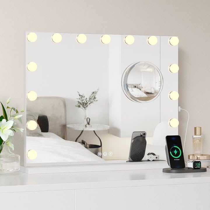 Garvee Vanity Mirror with 15 LED Bulbs, 3X Magnifying, 3 Colors Modes, USB & Type-C Charging, Alloy Metal, Touch Control, Tabletop, White