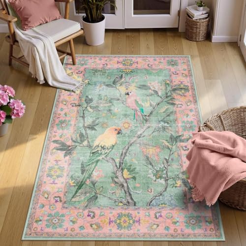 Lahome Botanical Birds Washable 3x5 Pink Living Room Bathroom Rugs for Entryway, Vintage Soft Non Slip Indoor Throw Carpet for Nursery Bedroom Classro