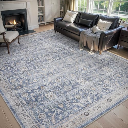 MontVoo-Vintage Area Rug 9X12 Blue Rugs for Living Room-Soft Distressed Printed Rugs for Bedroom-Non Slip Carpet-Machine Washable Rug for Dining Room