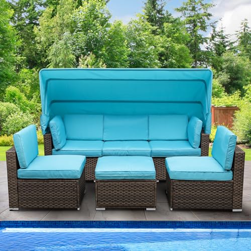 YITAHOME Outdoor Patio Wicker Daybed Furniture Set with Retractable Canopy, Storable Side Table, and Soft Cushions for Relaxing in Your Backyard or Po