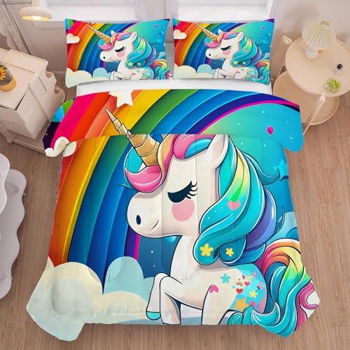 Unicorn Comforter Full Size Rainbow Bedding Set for Girls Kids Children Boys Teens Cartoon Unicorn Light Blue Quilt 1 Comforter + 2 Pillowcases Lb01-1