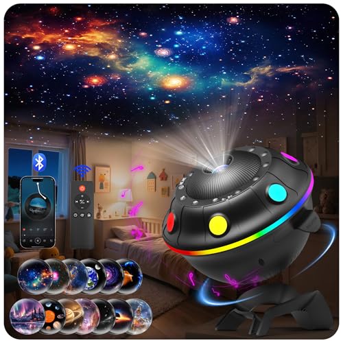 UFO Galaxy Projector with 12 HD Film Discs, RGB Ambient Light, Bluetooth Speaker, White Noise, Timer, Remote Control, Star Projector for Kids Bedroom,