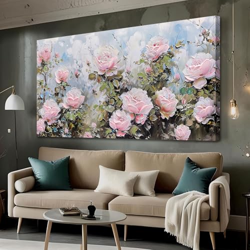 Ardemy Pink Rose Canvas Wall Art Flower Large Wall Decor Living Room Floral PaintingTextured Picture Artwork Bedroom Kitchen Home Office Decor 58"x29"