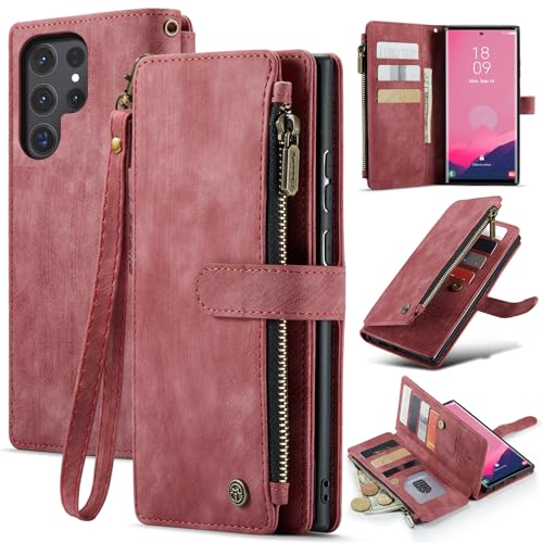 for Samsung Galaxy S24 Ultra Wallet Case with 10 Card Holder Slots Magnetic Zipper Pocket Pouch Flip KicStand Durable Premium Leather PU with Lanyard