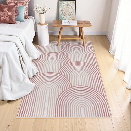 Moynesa Abstract Rainbow Washable Rug, Ultra-Thin Soft 4x6 Pink Girl Rugs for Bedroom Playroom Rug Non Slip, Mid Century Modern Colored Indoor Nursery