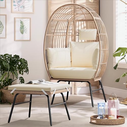 YITAHOME Outdoor Egg Chair with Ottoman, Patio Wicker Basket Chair with 2-in-1 Footrest, Indoor Egg Chairs with Stand & Cushion Cocoon Chair for Bedro