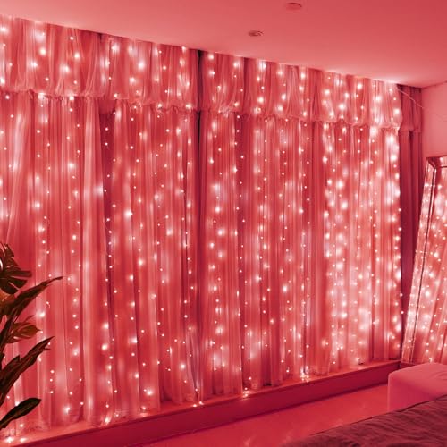 HXWEIYE 300LED Fairy Curtain Lights, 9.8x9.8Ft USB Plug-in 8 Modes Christmas String Hanging Lights with Remote for Bedroom Backdrop Wedding Party Indo