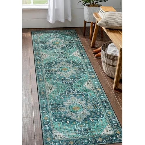 Moynesa Ultra-Thin Washable Vintage Runner Rug - 2'6"x8 Boho Hallway Kitchen Runner Oriental Medallion Bedside Mat Non-Slip Non-Shedding Indoor Throw