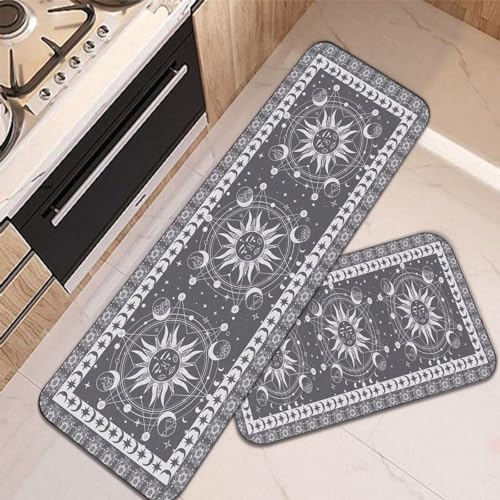 Boho Celestial Kitchen Rug, Bohemian Farmhouse Occult Crescent Kitchen Rugs Set of 2, Washable Non-Slip Kitchen Floor Mats Kitchen Decor, 20"×32"+20"
